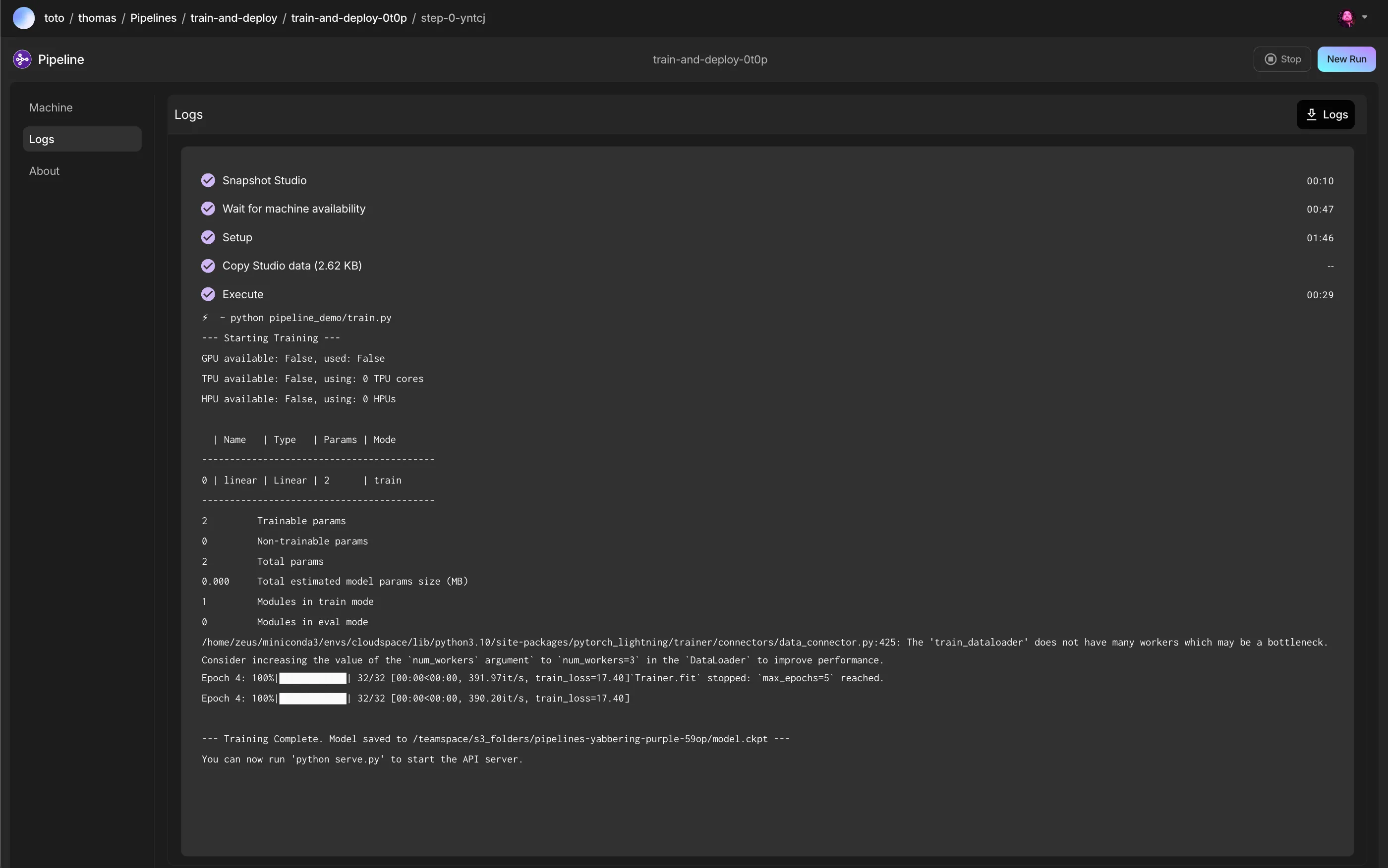 The training job completed successfully after saving the weights to the shared filesystem