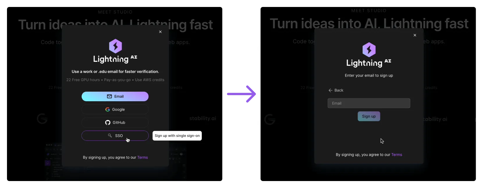 Create an account via SSO. Contact us to set this up.