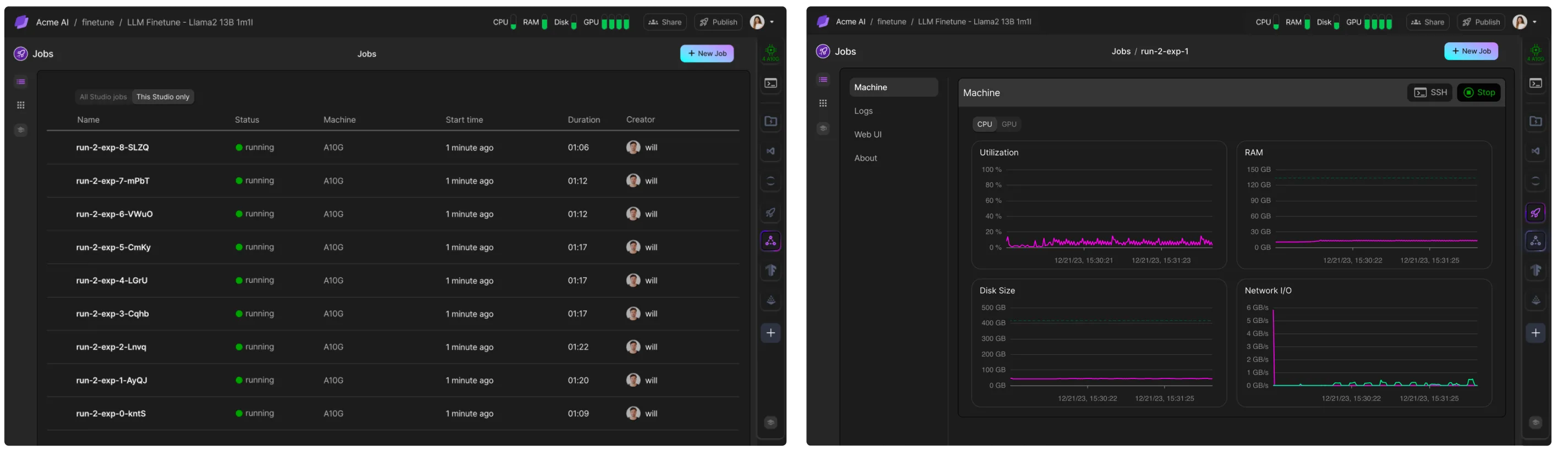 Left: a list of jobs for a hyperparameter sweep. Right: A detailed view of one of the hyperparameter sweeps jobs.