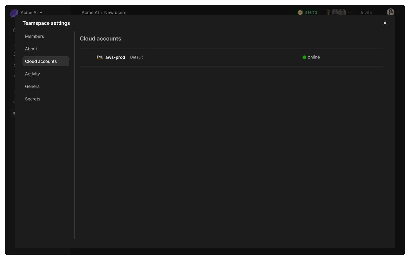 Configure cloud accounts in a teamspace.