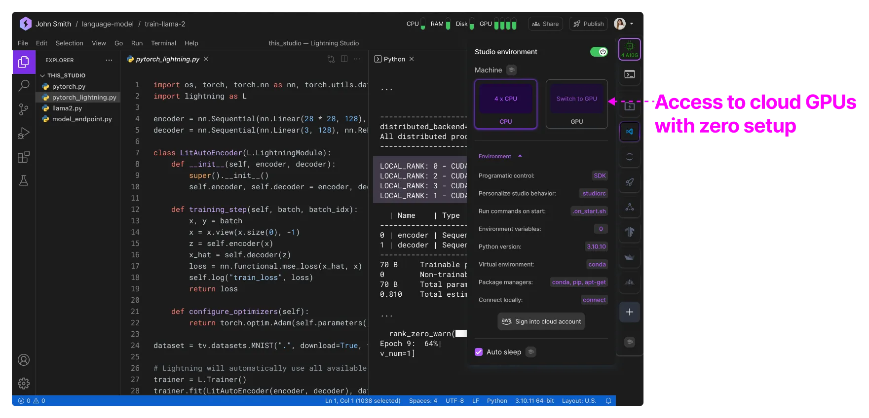 With Lightning AI, you can access cloud GPUs with no setup.