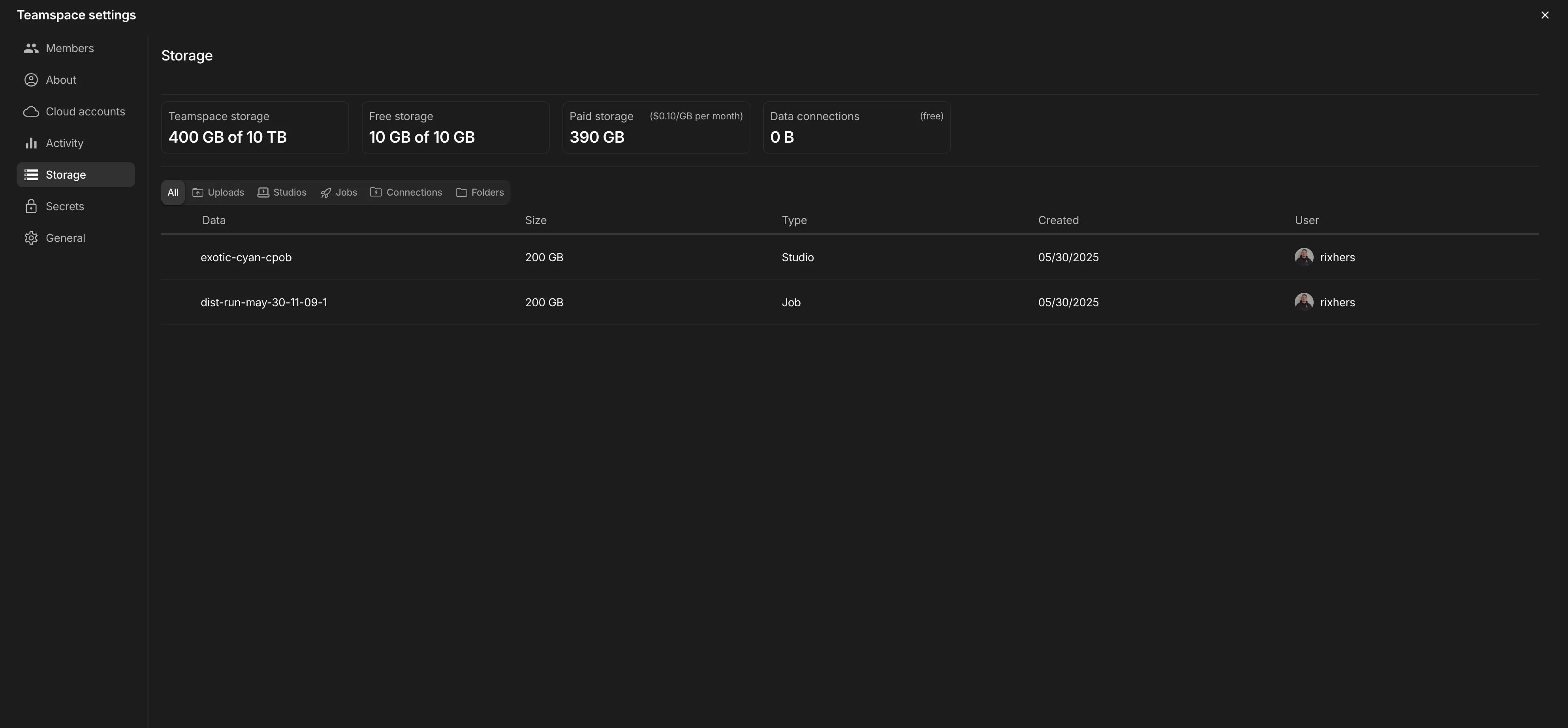 Navigate by data type within the Storage settings